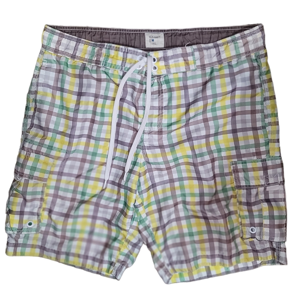 Old Navy Board Shorts MEDIUM W38" Green Plaid Lined Beach Trunks Vacation Vibes